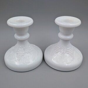 Pair of L. E Smith "Vintage Grape" Milk Glass Candlestick Holders
